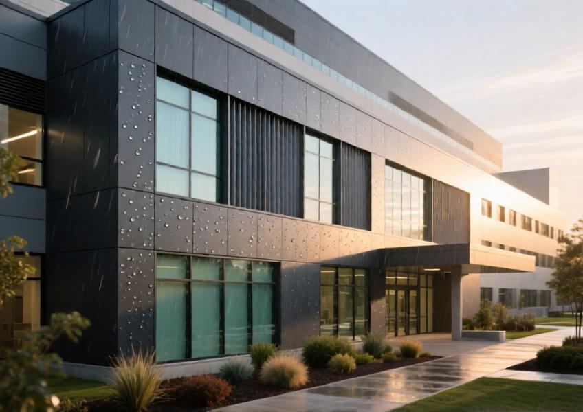 Exterior of a modern hospital with matte charcoal gray aluminum curtain wall cladding, showcasing durability, insulation, and contemporary design.