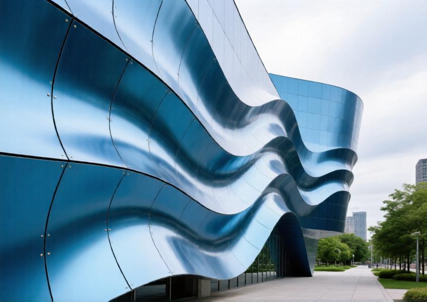 Close-up of a cultural center's facade with blue anodized aluminum panels shaped into flowing waves.