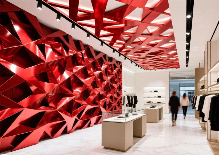 Retail space featuring vibrant red aluminum decorative cladding with 3D lattice design.