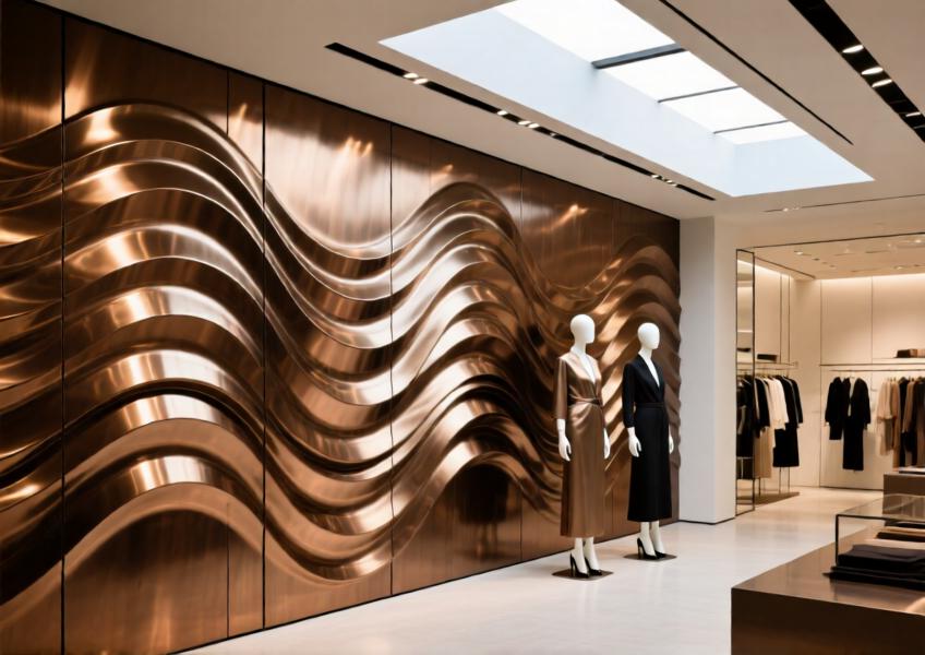 Modern retail store with bronze-finished 3D aluminum wall panels enhancing visual depth and luxury ambiance.