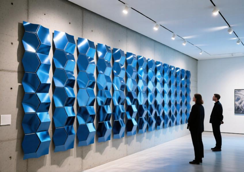 Art gallery feature wall with anodized blue aluminum decorative panels, illuminated to accentuate texture and design in a contemporary space.