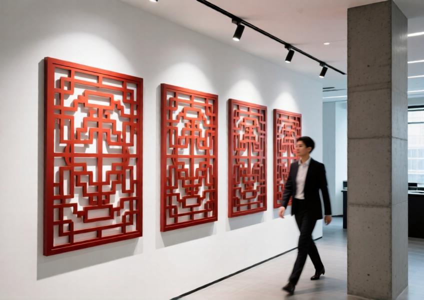 Terracotta red laser-cut aluminum wall panels with traditional lattice design in a modern boutique office setting.