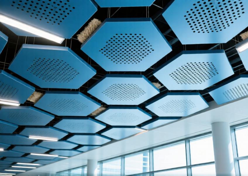 Geometric anodized blue perforated aluminum ceiling in a spacious airport atrium with acoustic and lighting integration