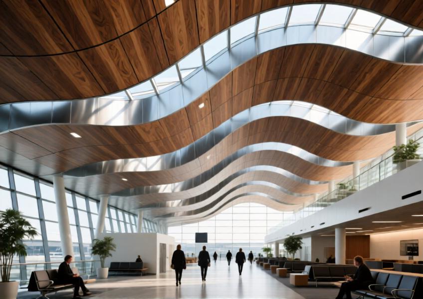 Airport ceiling with aluminum panels in brushed oak wood finish, creating an organic atmosphere in a large public space.