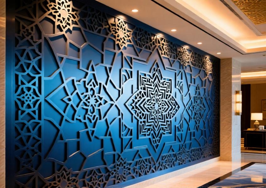 Intricately patterned anodized blue coated aluminum wall in a Dubai luxury hotel lobby.