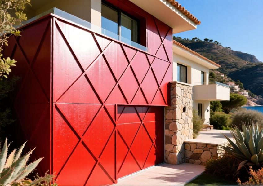 Close-up of red powder-coated aluminum panels on a luxury villa in a coastal setting