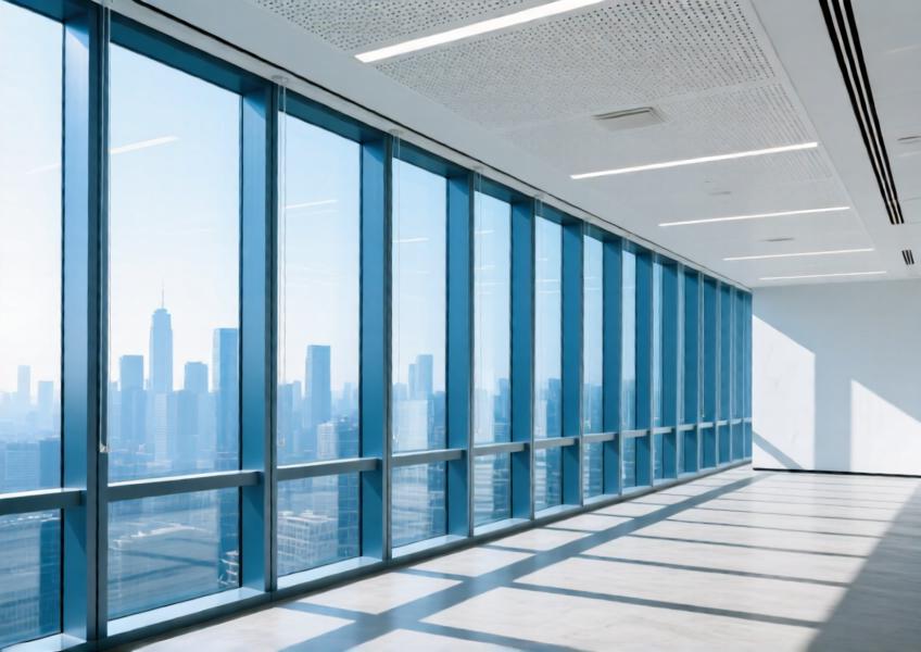 Office atrium with anodized blue aluminum curtain walls and matte white perforated ceiling panels, flooded with natural light.