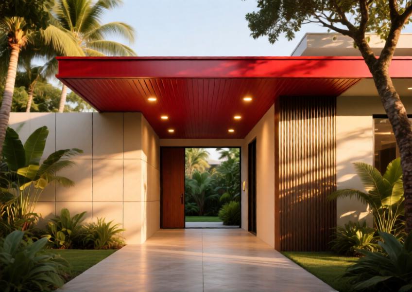 A striking entryway with a vibrant red matte aluminum ceiling contrasting warm beige cladding, enhanced by ambient lighting and greenery.