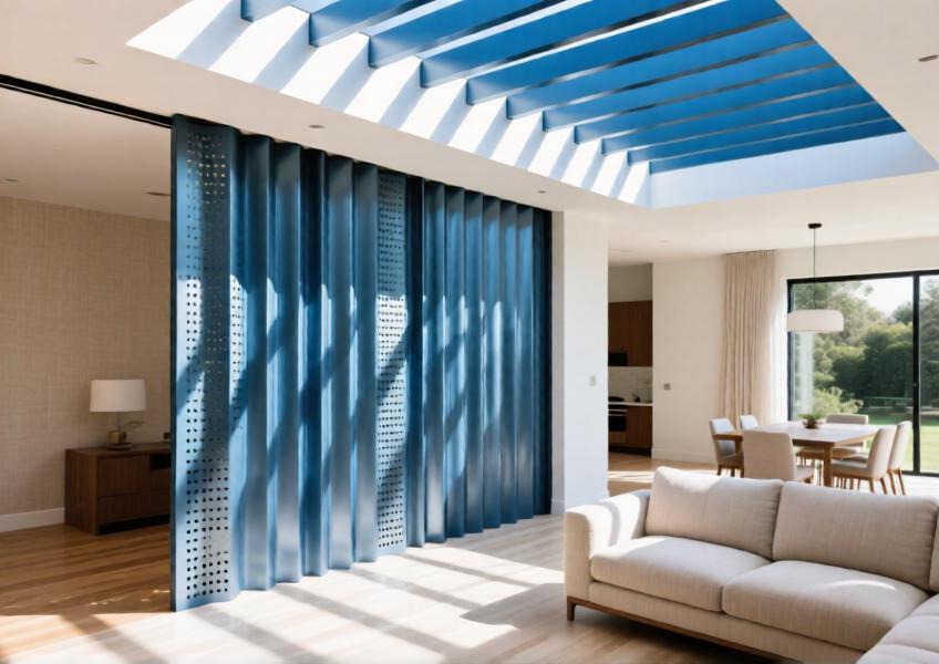 Luxury villa living area with anodized blue perforated aluminum curtain wall divider diffusing natural light and creating elegant shadow patterns in an open-plan space.