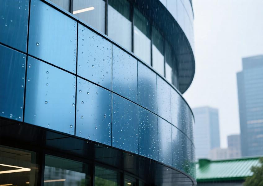 Curved facade with anodized blue aluminum panels, highlighting material finish and weather resistance in a city setting.