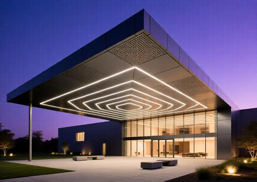 Luxury cultural center atrium with perforated charcoal gray aluminum ceiling at twilight.