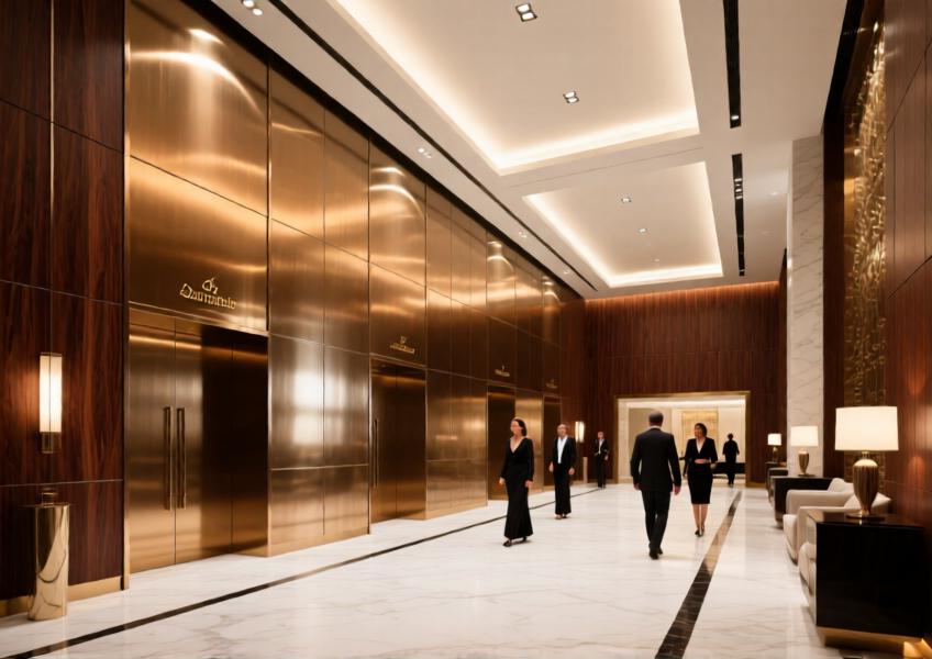 Luxury hotel lobby with warm bronze brushed aluminum sheet walls complementing marble and wood finishes