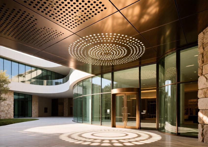 Perforated anodized bronze aluminum ceiling at an atrium entrance with dappled sunlight
