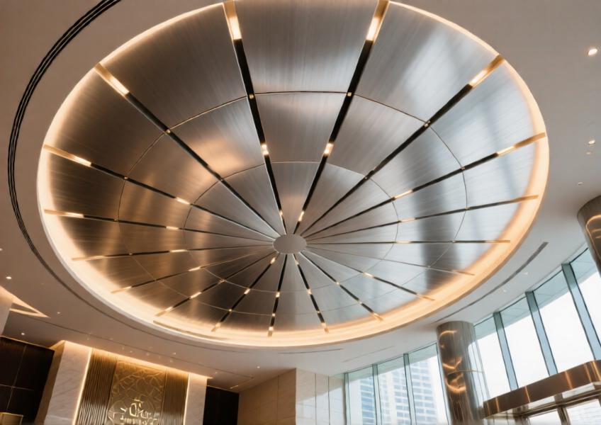 Luxury hotel lobby ceiling with brushed warm gray aluminum panels and integrated lighting in Dubai.