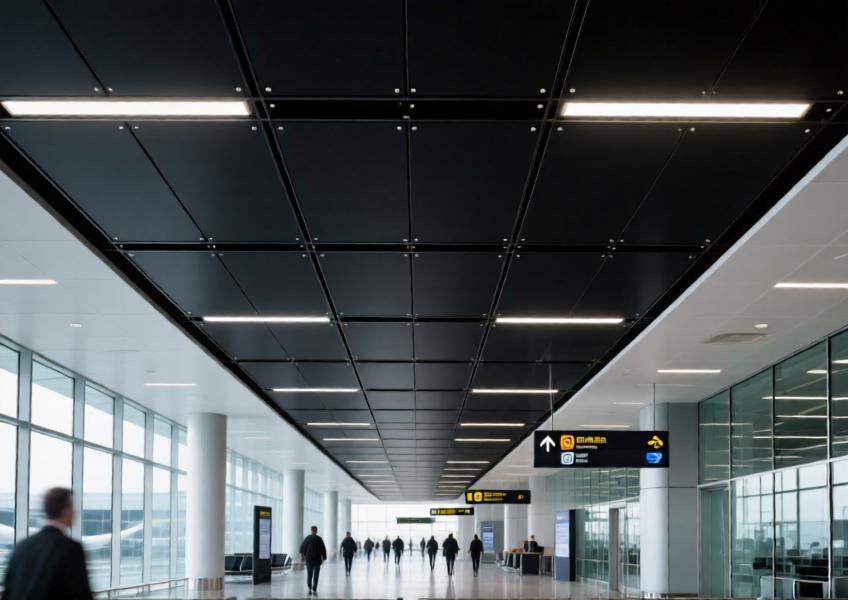 Matte black powder-coated aluminum ceiling in a busy airport terminal interior