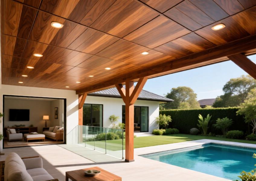 High-end patio with walnut-finish aluminum ceiling blending indoor and outdoor spaces under natural daylight.