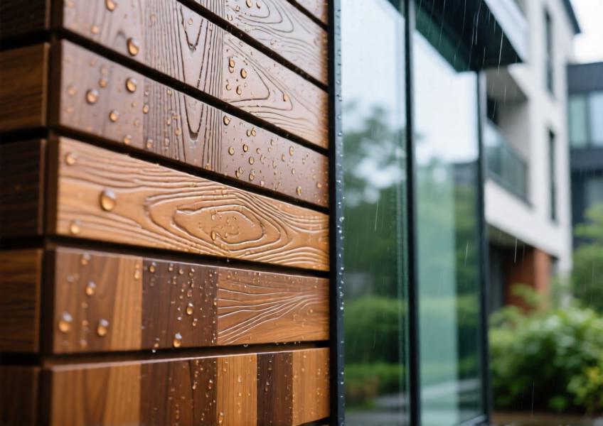 Close-up of teak-finished aluminum cladding with realistic texture and water droplets, showing durability and detail.
