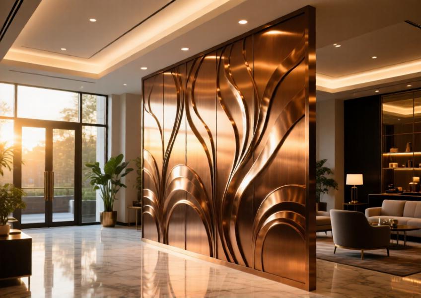 Luxury hotel lobby with bronze powder-coated aluminum decorative panels illuminated by natural and artificial light.