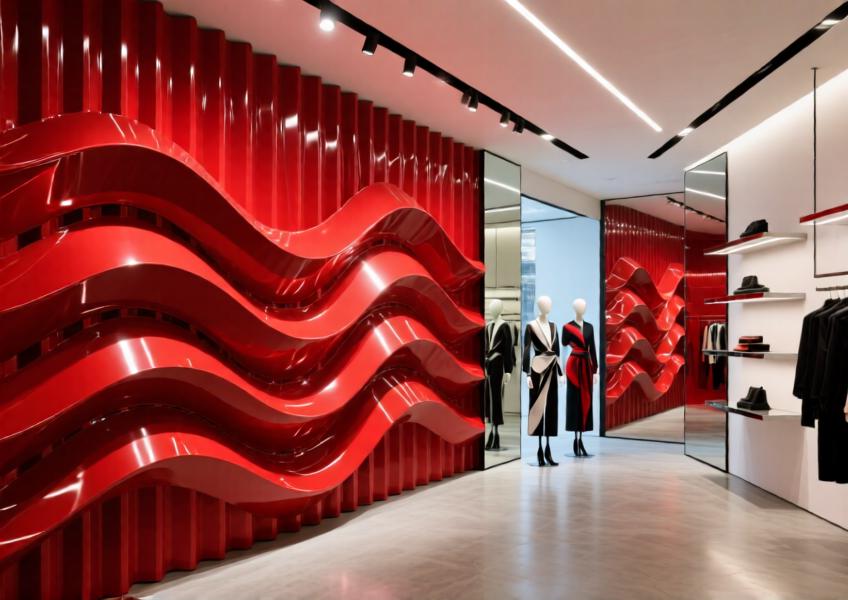 Contemporary retail space with vivid red 3D-patterned aluminum wall panels creating a dramatic visual centerpiece.