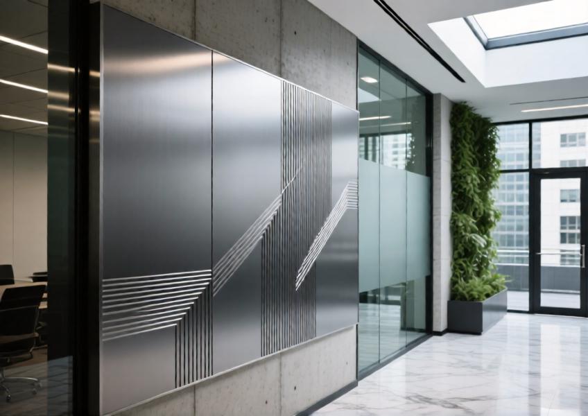 Matte charcoal grey anodized aluminum decorative panel in a modern office lobby.