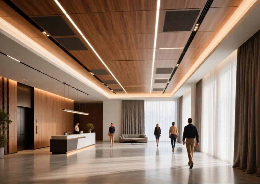 Wood-grain finished aluminum ceiling in a modern luxury villa lobby, combining acoustic functionality with warm, organic aesthetics.