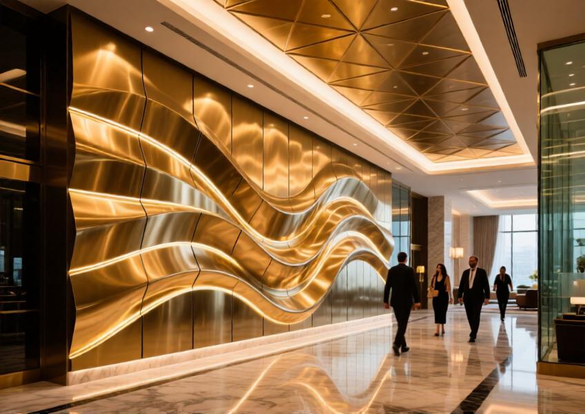 Sculptural brushed gold aluminum wall in a luxury hotel lobby, combining art, acoustics, and ambient lighting in a high-end interior.