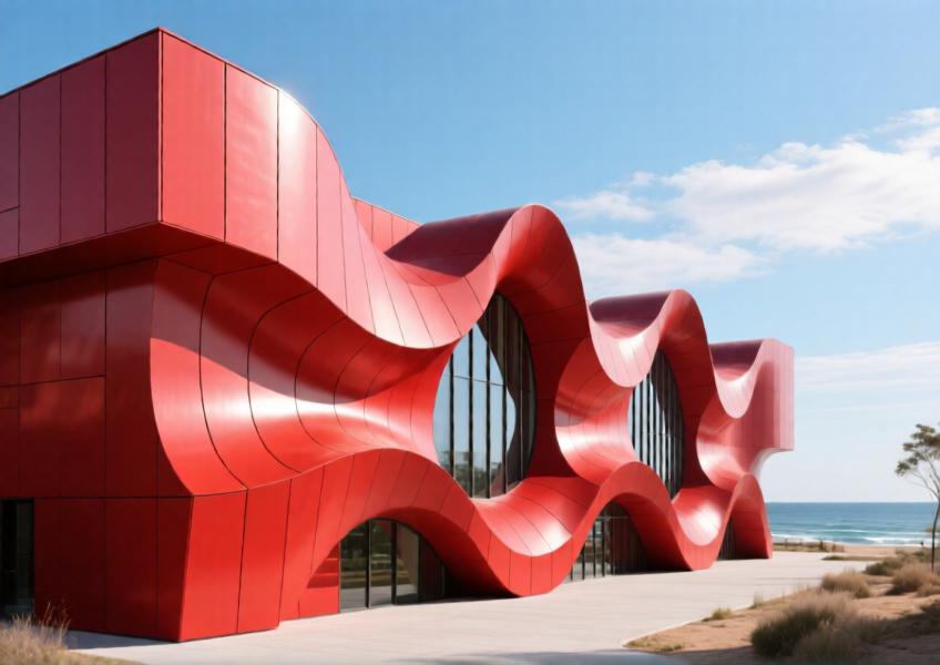 Cultural center with vibrant red powder-coated aluminum wave façade.