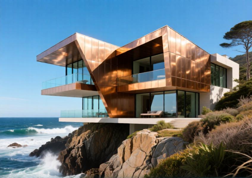 Luxury coastal villa with bronze-anodized aluminum cladding in a dramatic seaside setting.
