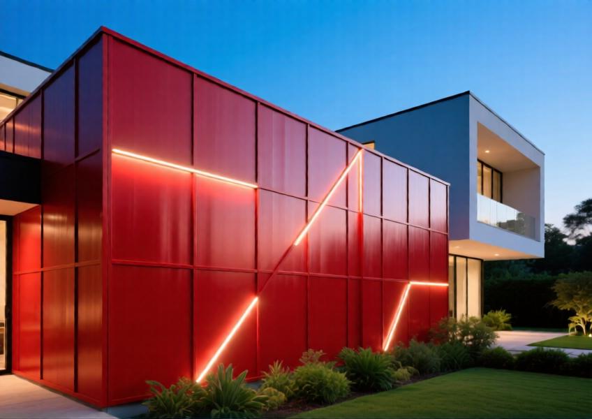 Luxury villa with vibrant red painted aluminum cladding illuminated at twilight.