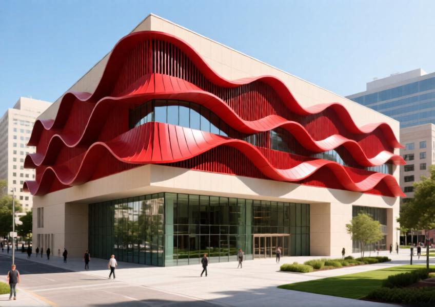 Cultural center with vibrant red powder-coated aluminum sunshades and decorative panels