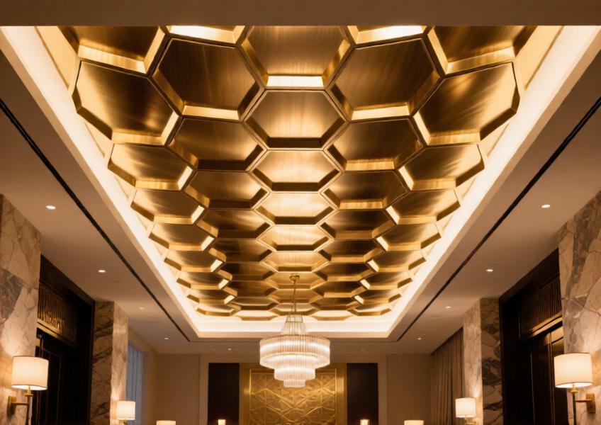 Champagne gold anodized aluminum ceiling in a luxury Dubai hotel.