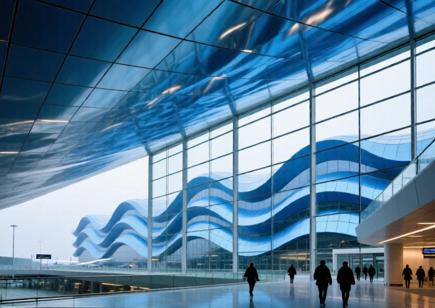 Airport terminal with anodized blue aluminum ceiling and matching exterior façade