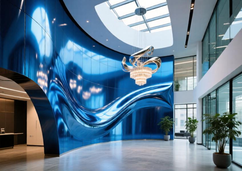 Commercial lobby with a curved, anodized blue aluminum wall feature.