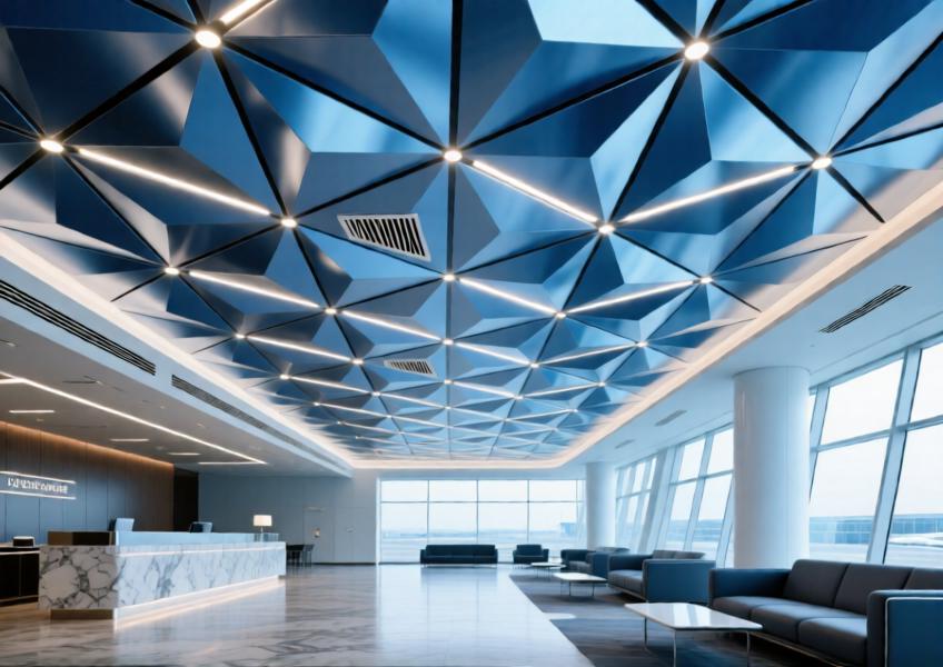 Anodized blue aluminum ceiling in a high-end airport lounge interior.