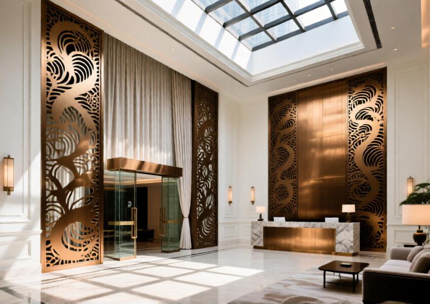 Hotel lobby with laser-cut matte bronze aluminum screens in interior curtain walls creating dynamic light and shadow effects.