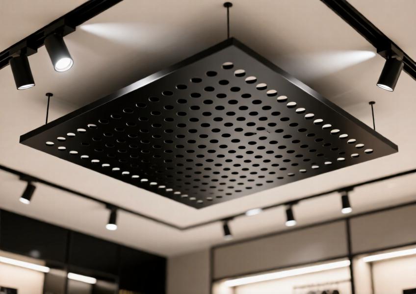 A matte black perforated aluminum ceiling panel in a premium retail space, emphasizing texture, acoustic design, and refined material finish.