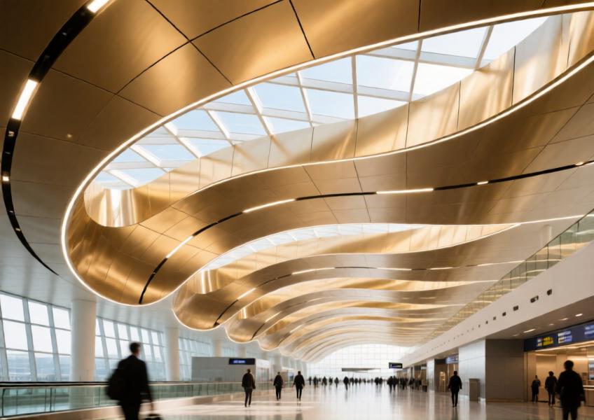 The interior of a grand airport terminal featuring a flowing champagne-gold anodized aluminum ceiling integrated with lighting and natural daylight.