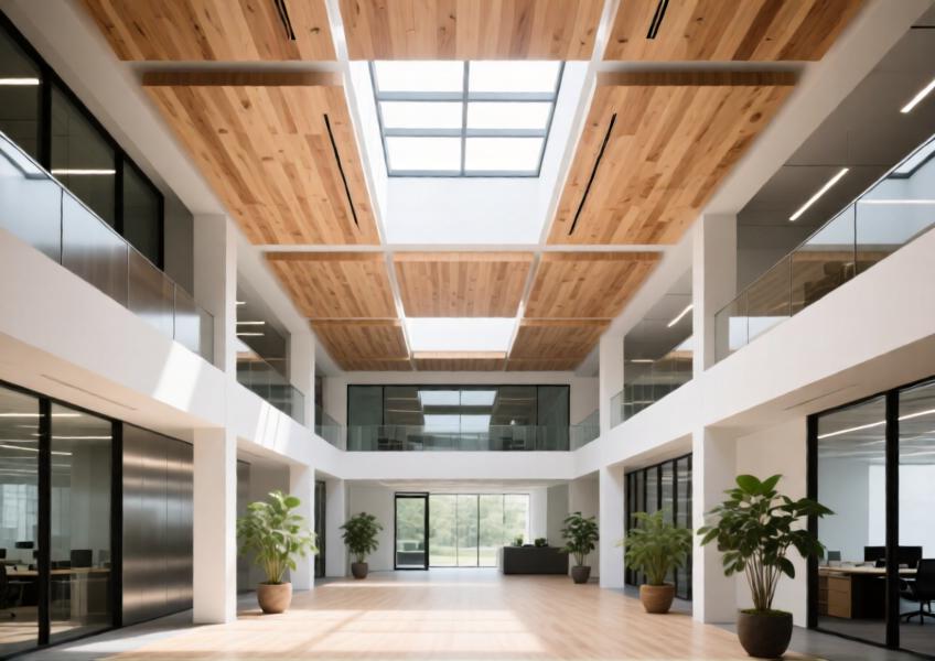 Interior atrium with wood and matte white aluminum ceiling system in a daylight-filled office space.