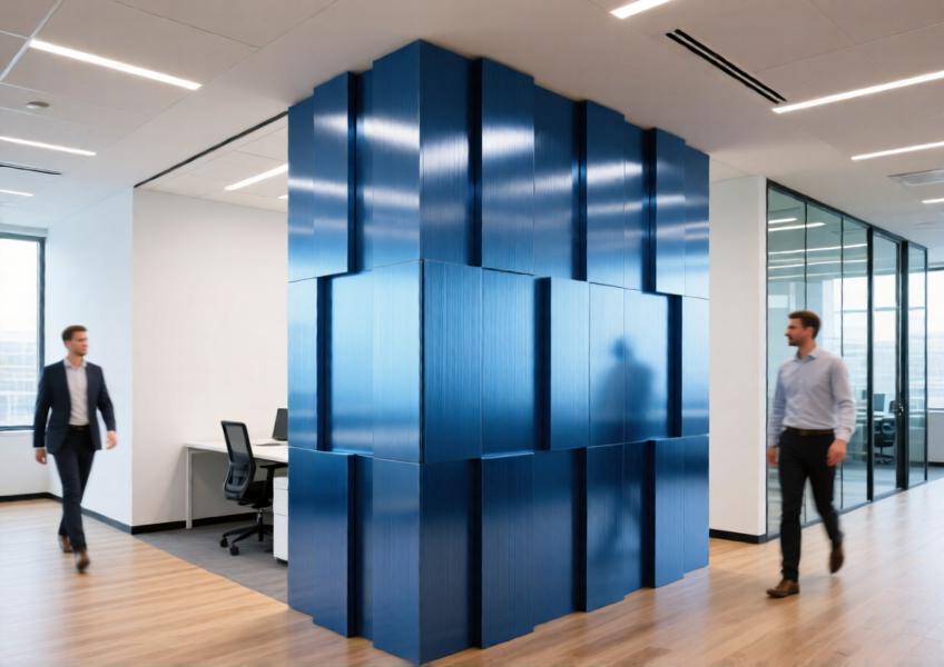 Modern office space with an anodized blue aluminium room divider that combines functionality, style, and spatial definition.