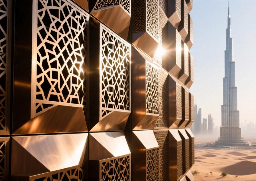 Close-up of anodized bronze aluminum mashrabiya-style cladding casting detailed shadows