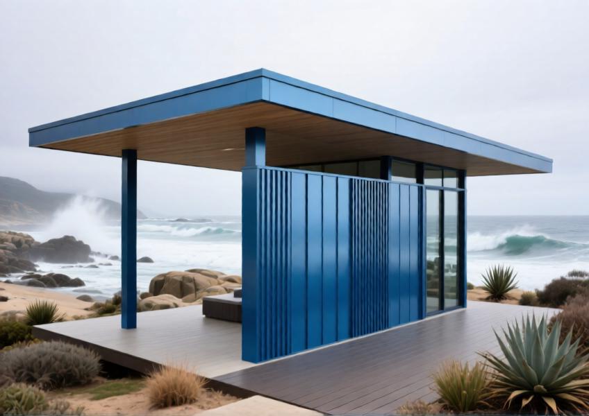 Coastal pavilion with anodized blue aluminum panels enduring a marine environment, highlighting weather resistance
