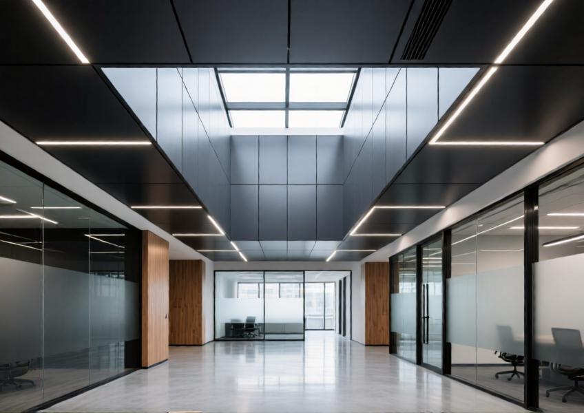 Interior view of a modern office atrium with charcoal gray aluminum ceiling panels and integrated lighting.