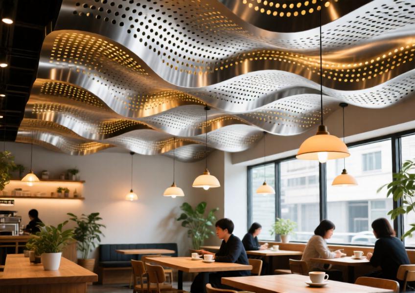 Perforated brushed aluminum ceiling with wave design in a tranquil, modern café setting.