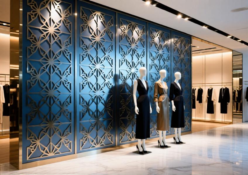 Luxury retail space with anodized blue laser-cut aluminum feature wall creating patterned light effects