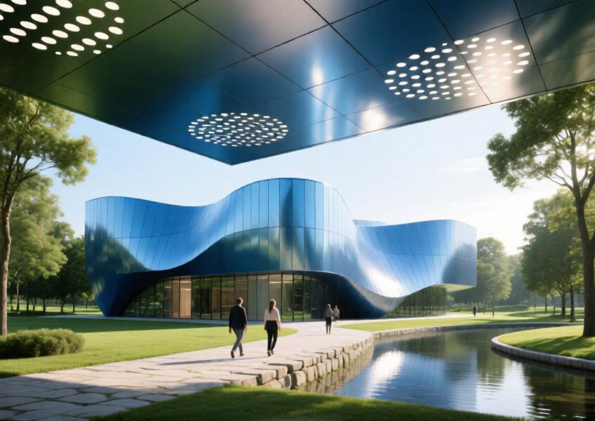 Cultural center with anodized blue aluminum cladding integrated into a nature-inspired design