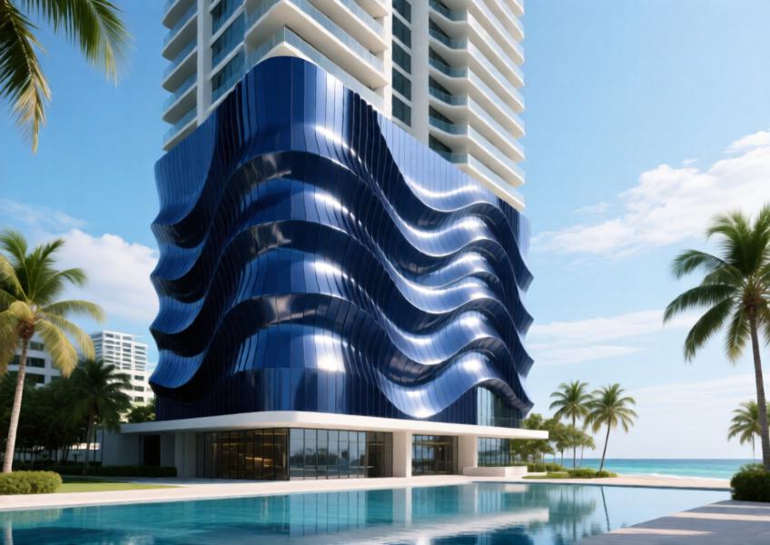 High-rise with custom navy blue wave-like aluminium cladding in a tropical coastal setting