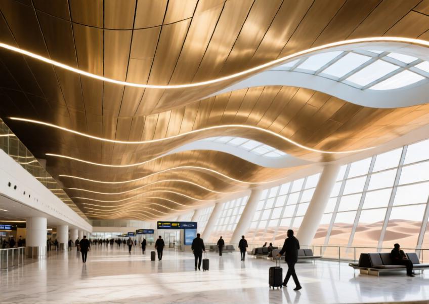 Dubai airport terminal with gold-anodized aluminum ceiling panels designed in dune-inspired wave patterns.