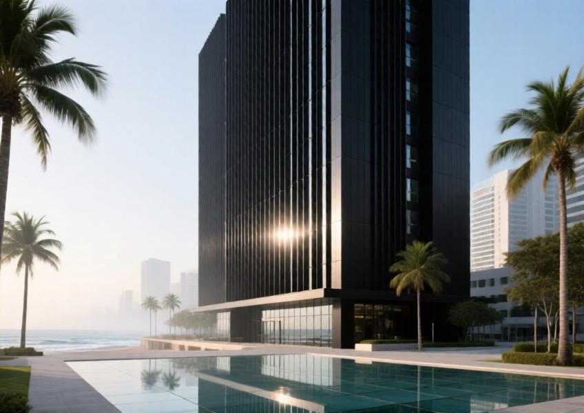 Modern coastal commercial tower with matte black powder-coated aluminum cladding under soft morning light.