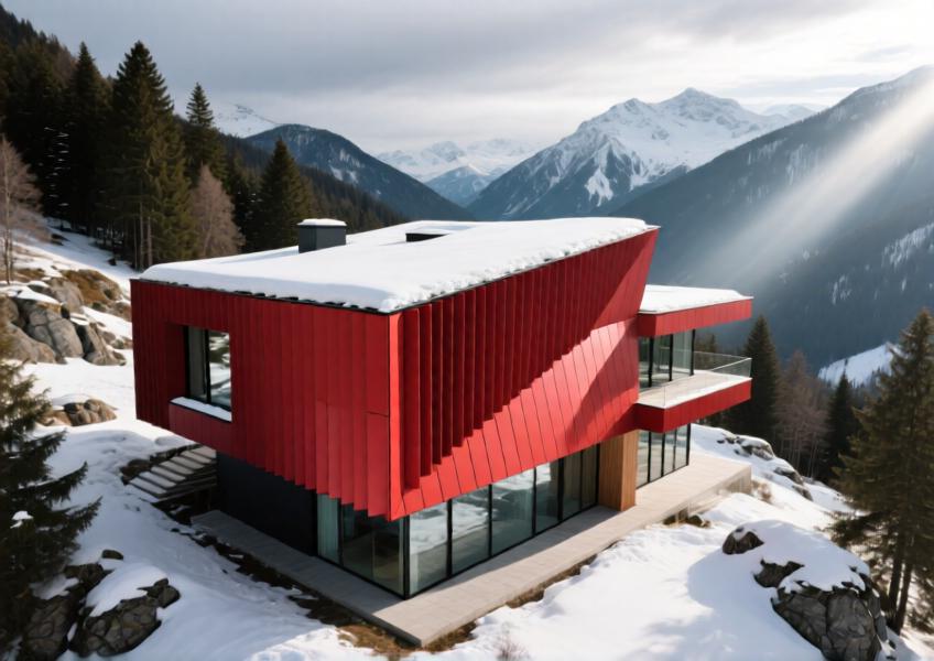 Luxury alpine villa with vibrant red aluminium cassette cladding, illustrating resilience in extreme climates and striking visual contrast with nature.