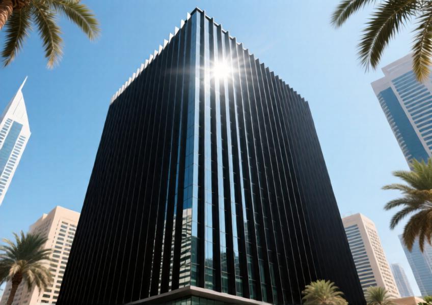Modern high-rise with matte black aluminium fins casting dramatic shadows under bright sunlight.
